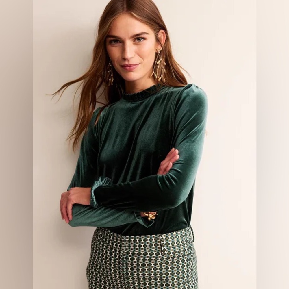 Boden Velvet Frill Detail Top Green